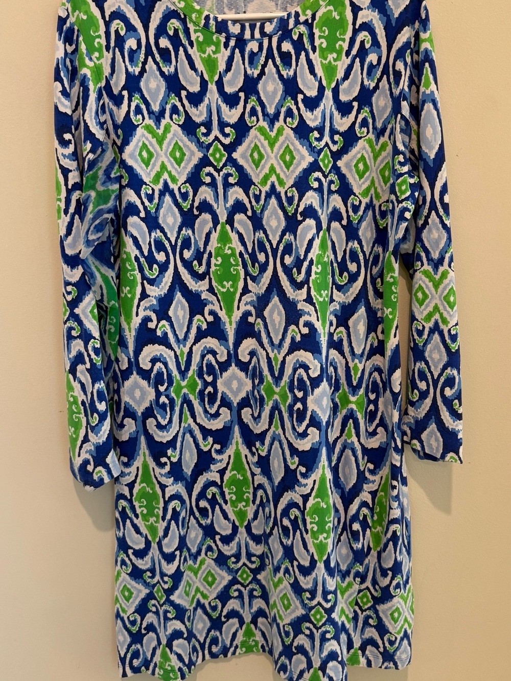 IBKUL Blue Green White Ikat-Print Long Sleeve Dress